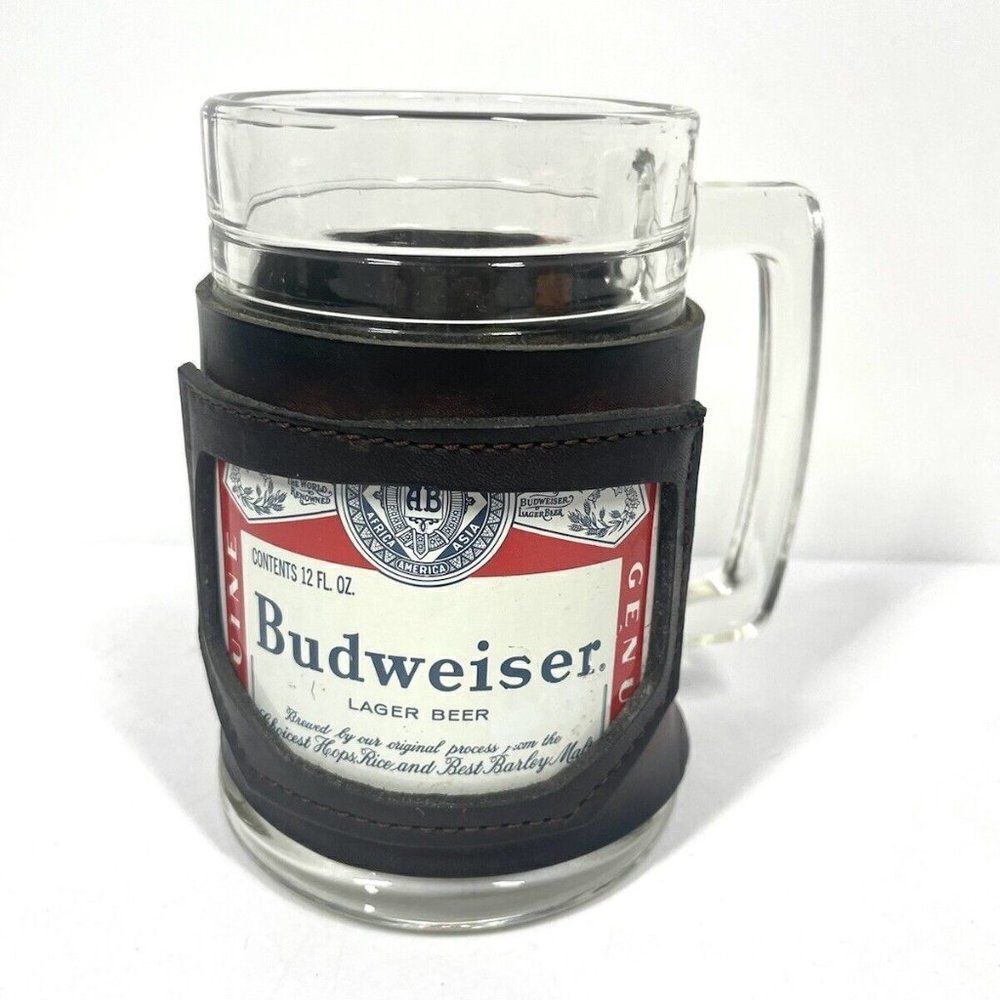 Vintage Label Budweiser 12 oz Glass Beer Mug Wrapped in Real Leather Patina EUC